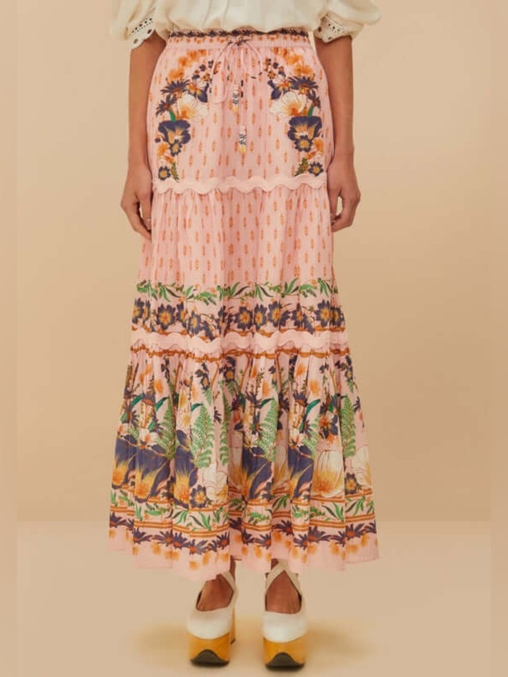 FARM RIO Pink Dream Garden Tiered Floral Maxi Skirt Large
